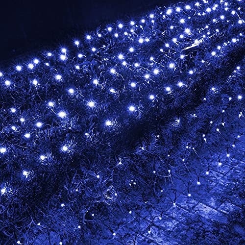 Dazzle Bright Christmas Net Lights 360 LED 12FT x 5 FT Green Wire Waterproof Connectable String Lights with 8 Modes Christmas Outdoor Light for Bushes Garden Party Wedding Holiday Decoration (Blue)