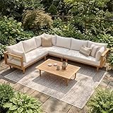Merax 102' Outdoor Modular Sectional Sofa Set, 6 Seats L-Shaped Couch Wood Waterproof Fabric Patio Furniture Set with Coffee Table, Weather-Resistant Cushions for Backyard, Poolside, Natural+Beige
