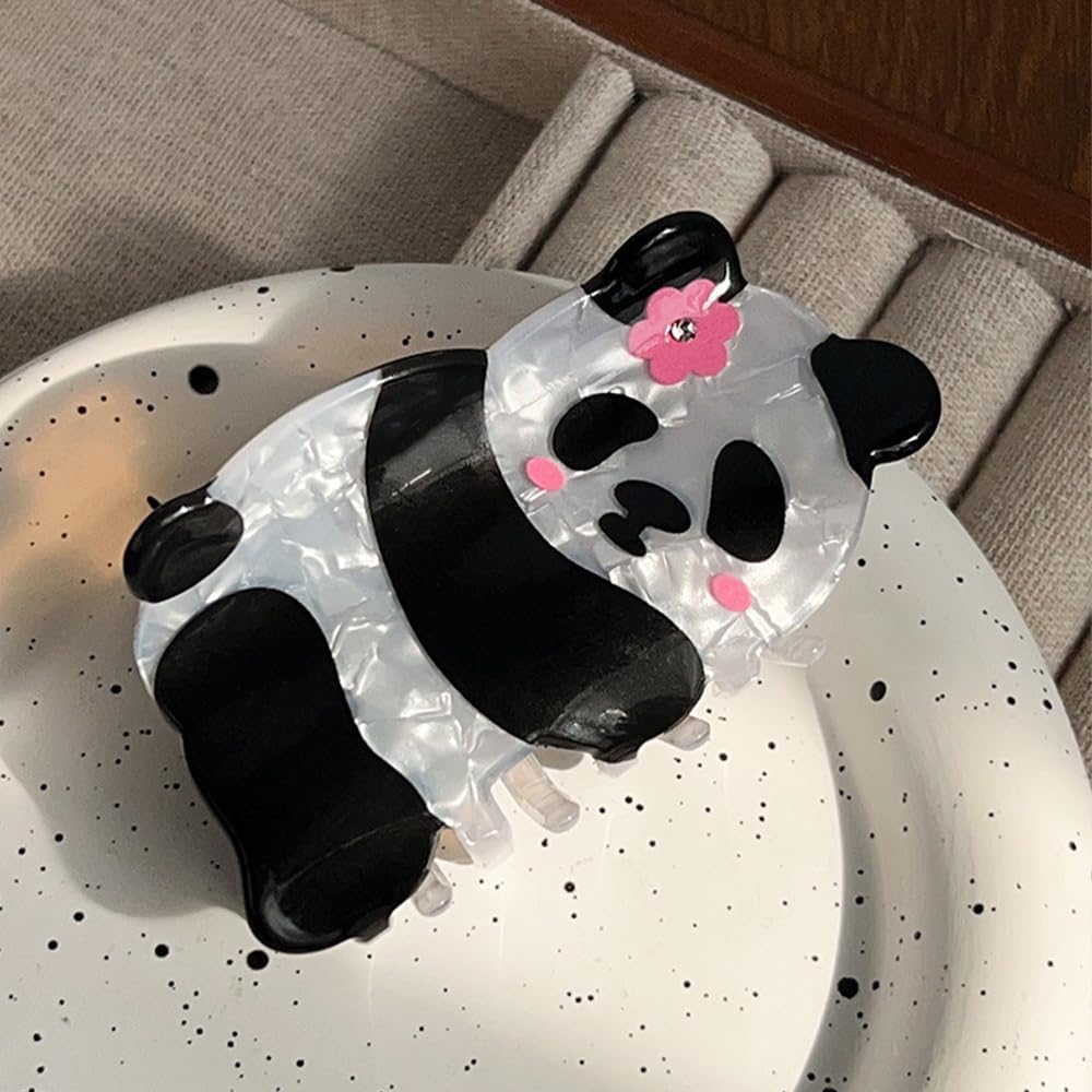 Mestawoo Panda Shape Hair Claw Clip White and Black Animal Non-Slip Hair Accessories for Medium Hair Women Girls, Pink Flower Panda-image-13