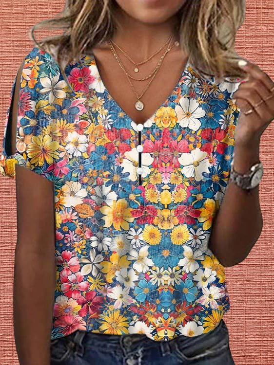 Womens Boho Floral Print Blouse Dressy Slim Fit Vintage Womens Summer Tops Cold Shoulder V Neck Button Down Shirts for Women - Image 3