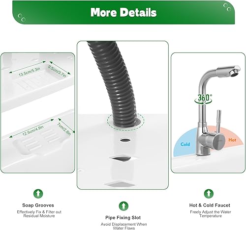 Miniatura 7 de Fregadero de lavandería independiente con tabla de lavadero, fregadero de lavandería de plástico, fregadero de uso interior y exterior con grifo de