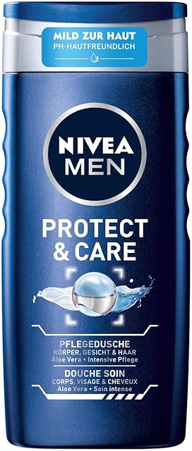 NIVEA MEN Pielęgnujący żel pod prysznic Protect & Care (250 ml), odświeżający żel pod prysznic z pielęgnującym aloesem, przyjazny dla skóry pH, do ciała, twarzy i włosów 83611-01000-68