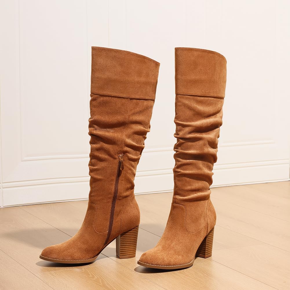 Erocalli Suede Knee-High Boots Fall Boot For Women Chunky Block High Heel Slouch Fashion Boot Round Toe Side Zipper - Image 5
