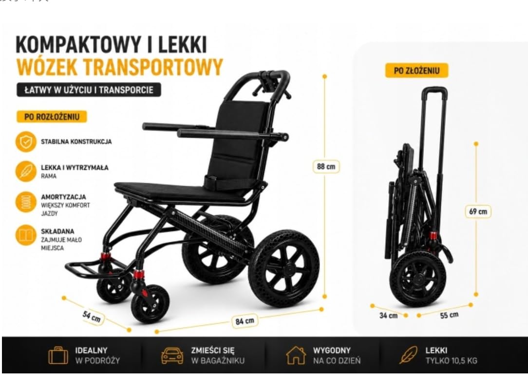Lekki wózek transportowy składany 10,5 kg z amortyzacją i hamulcami, kompaktowy wózek inwalidzki do podróży i codziennego użytku, zdejmowane wodoodporne siedzisko i oparcie