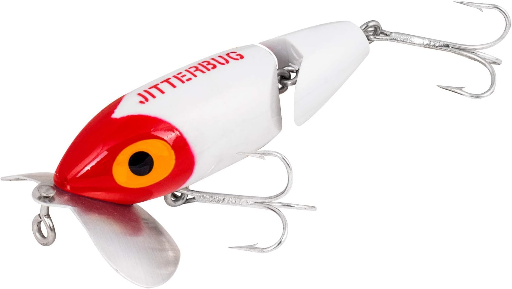 Arbogast Jointed Jitterbug Topwater Bass Fishing Lure, Excellent for Night Fishing, White/Red Head, 2 1/2", 3/8 oz