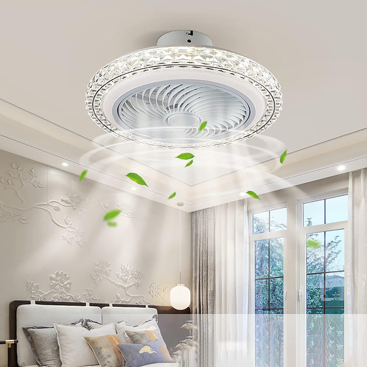 YUEGOO Ceiling Fan with Light and Remote Control Crystal Silence 3 Speeds Bedroom Led Dimmable Ultra-Thin Fan Ceiling Light Mute 72W Modern Living Room Quiet Ceiling Fan Light
