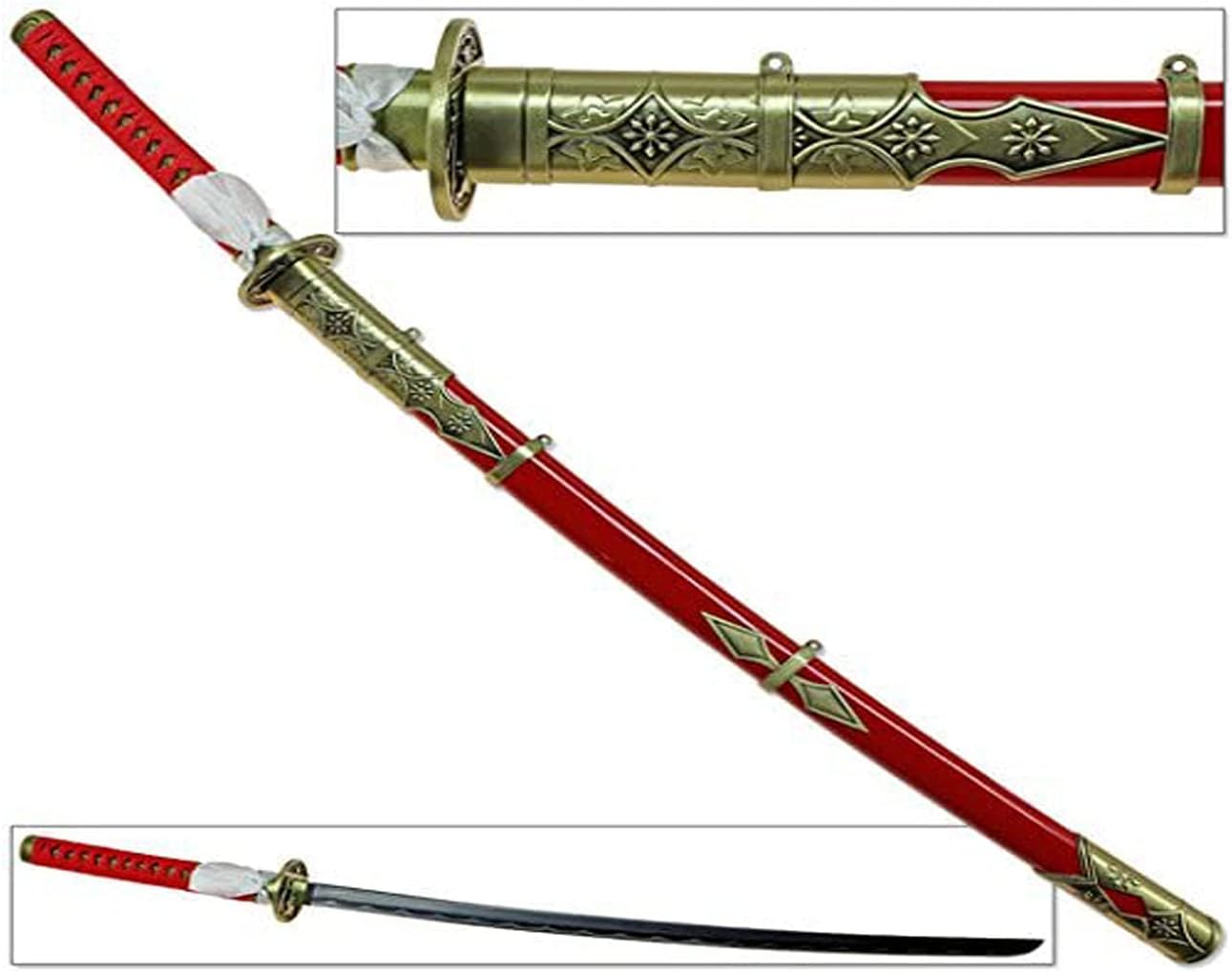 Ornate Japanese Katana All-Red Sword Carbon Steel Antiqued Brass-Look Fittings