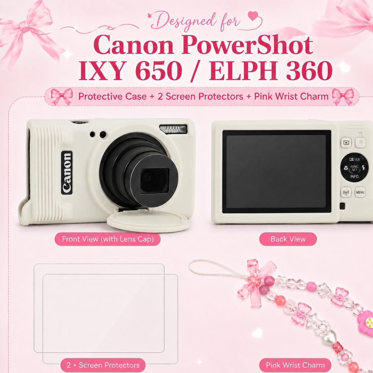 Case for Canon PowerShot ELPH 360/IXY 650 with Cute Charm Wrist Strap and Screen Protector, Built-in Lens Cap Silicone Protective Cover for Canon ELPH 360 HS/IXY 650 - Beige