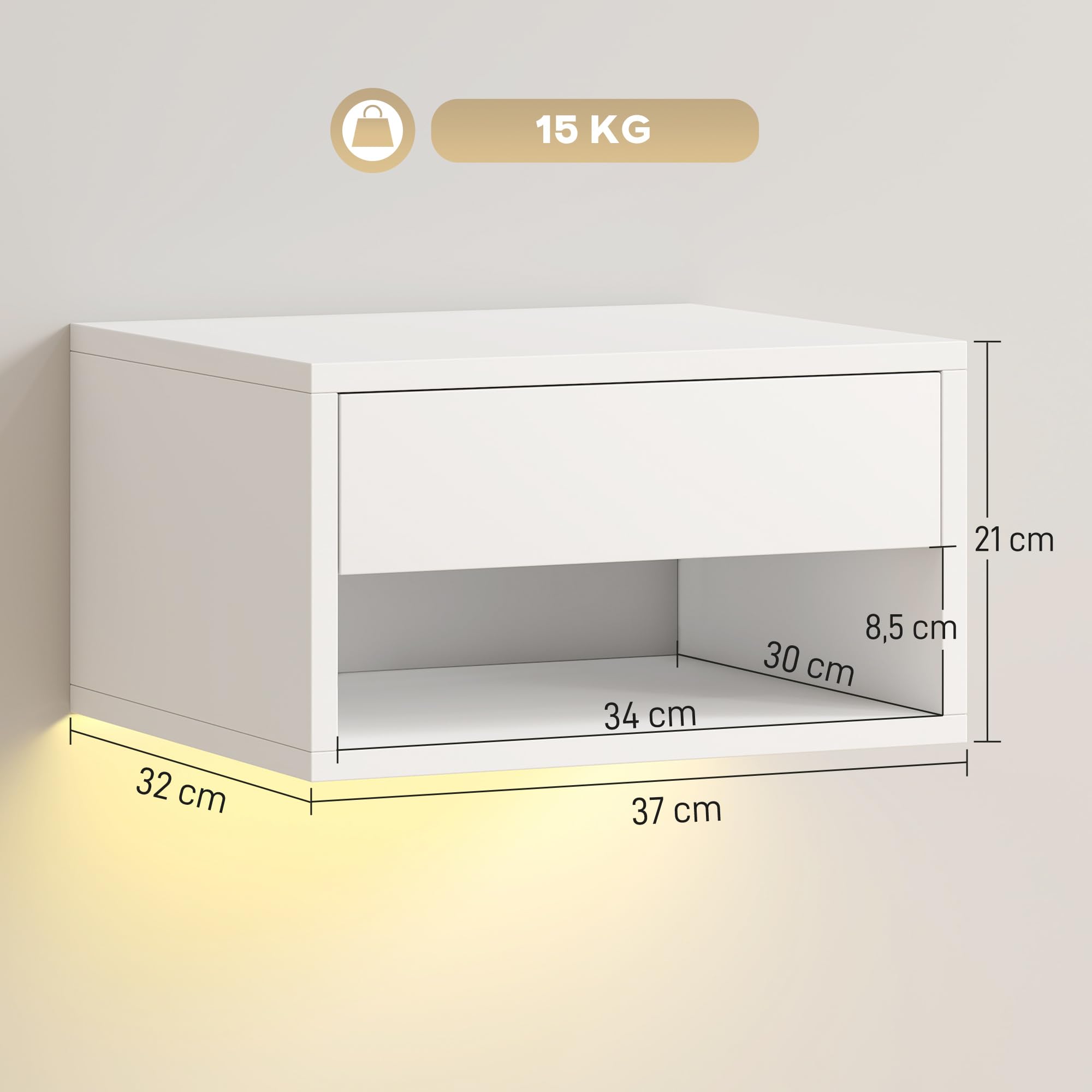 HOMCOM Juego de 2 Mesitas de Noche Flotantes 37x32x21 cm Blanco | Luces LED RGB, Control de APP, Mesillas de Noche Dormitorio, Cajón, Estante Abierto, para Sala de Estar