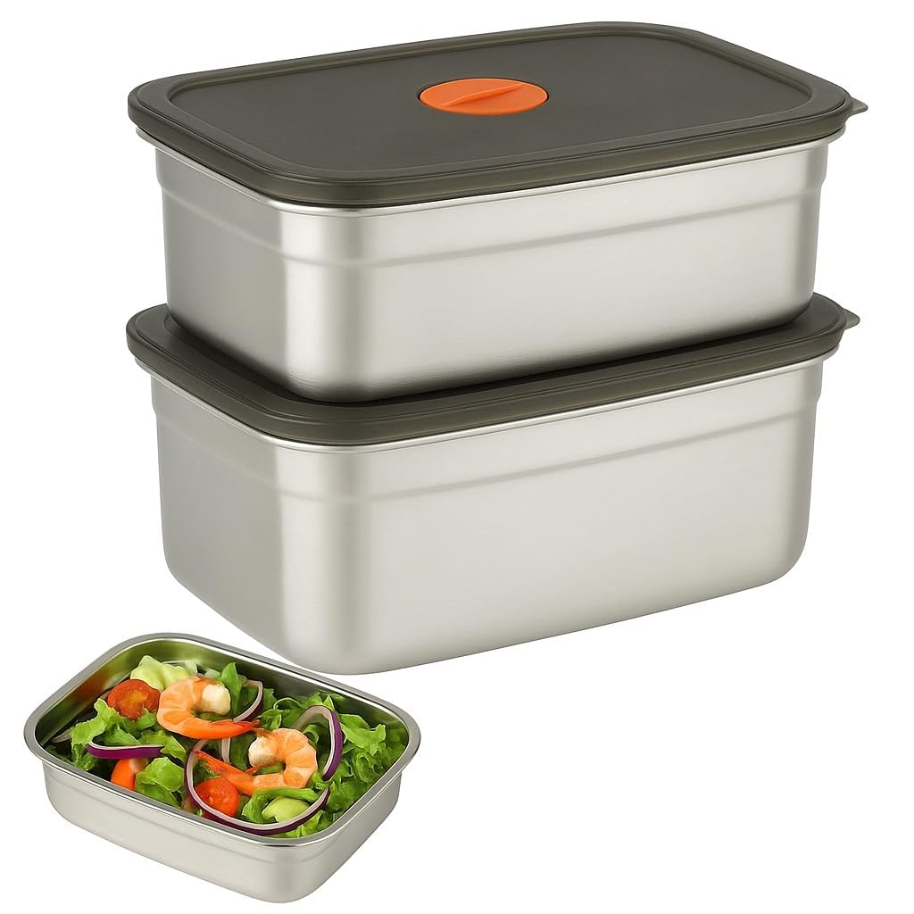 AADIVY 2-Pcs Stainless Steel Food Containers – 1000ml & 1500ml Fridge Storage Box Set | 316 Steel Leakproof Lunch Box with Airtight Lid | Microwave, Freezer Safe Kitchen Organizer