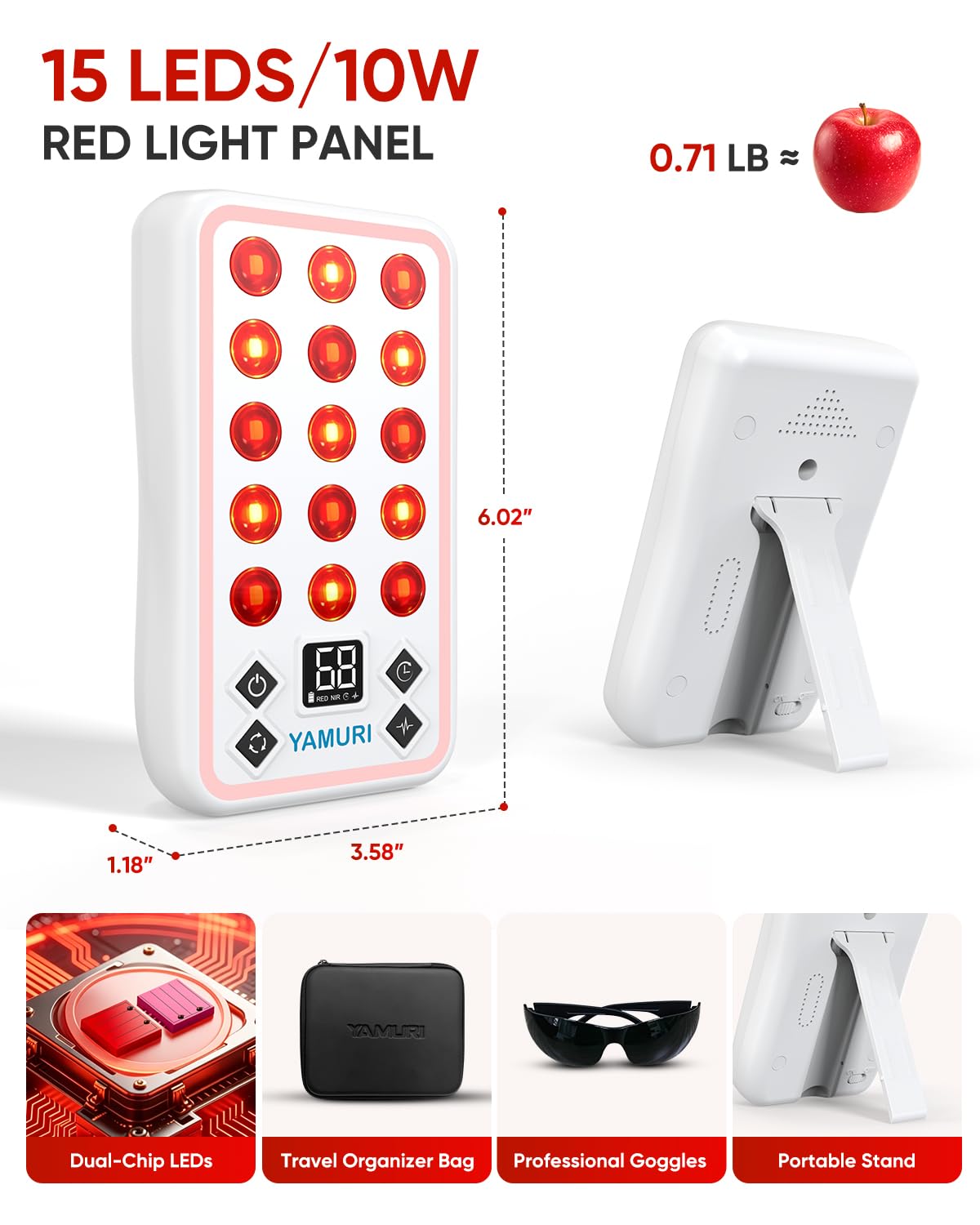 Dispositivo portátil de luz roja, mini panel de luz roja de mano de 660 nm, 850 nm y 1060 nm