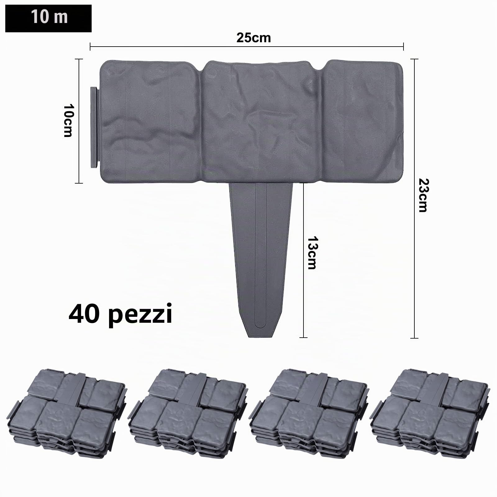 UISEBRT 40 Pezzi Bordo per Giardini Grigio 10m, Bordo per Prato in plastica, Effetto Pietra, Palizzata per Giardino Bordo Aiuole, Antracite