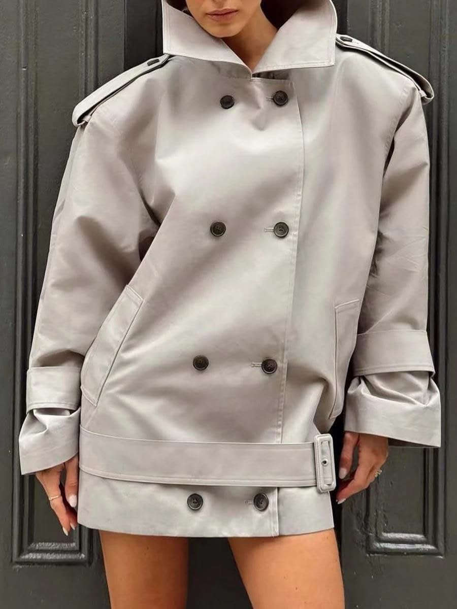 Women's Double Breasted Utility Trench, Stand Collar Long Sleeve Belted Rain Jacket