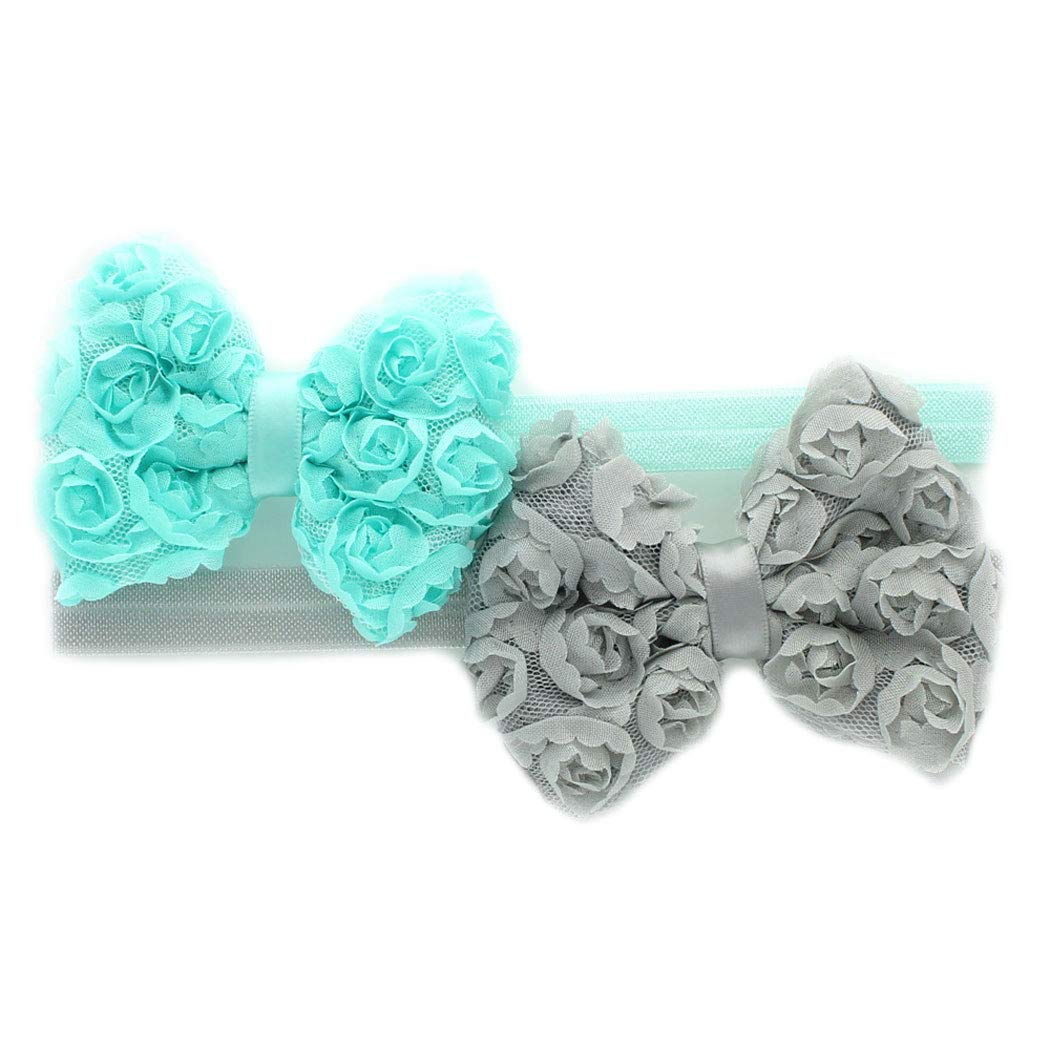 My LelloGirls Fabric Rose Bow Headbands 2 Pack (Aqua/Gray)