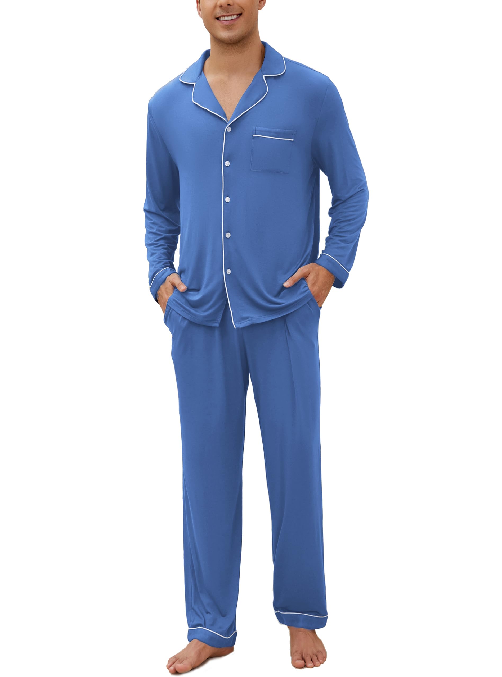 Veseacky Mens Pajamas Set Long Sleeve Soft Pajamas for Men Button Down Sleepwear Pjs Lounge Sets with Pockets S-2XL