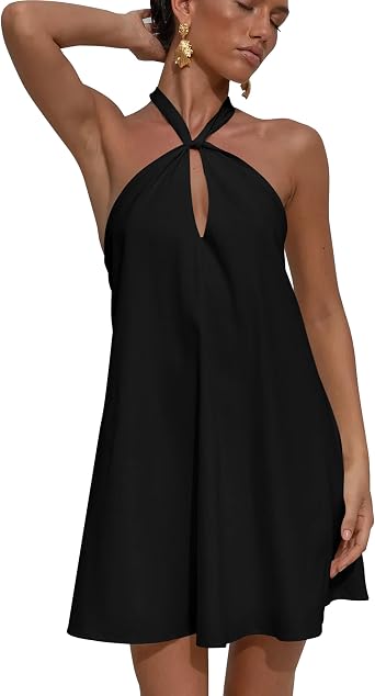 GOKATOSAU Womens Sexy Halter Neck Sleeveless Cutout Backless Flowy A-Line Mini Summer Party Sundress
