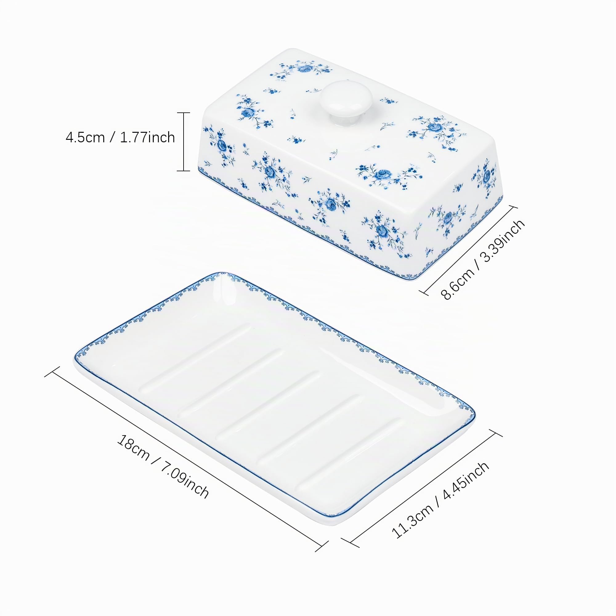 Fanquare mantequillera de porcelana con tapa, mantequilla cerámica elevada, platos cafetería y cocina azul y blanco (rosa azul)