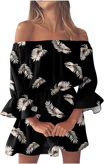 Womens Dresses Sale Clearance UK Mid Length Bohemian Dress UK Stylish Women's Summer Sexy Casual Off Shoulder Bell Sleeve Solid and Dresses Beach Holiday Dress Going Out Outfits