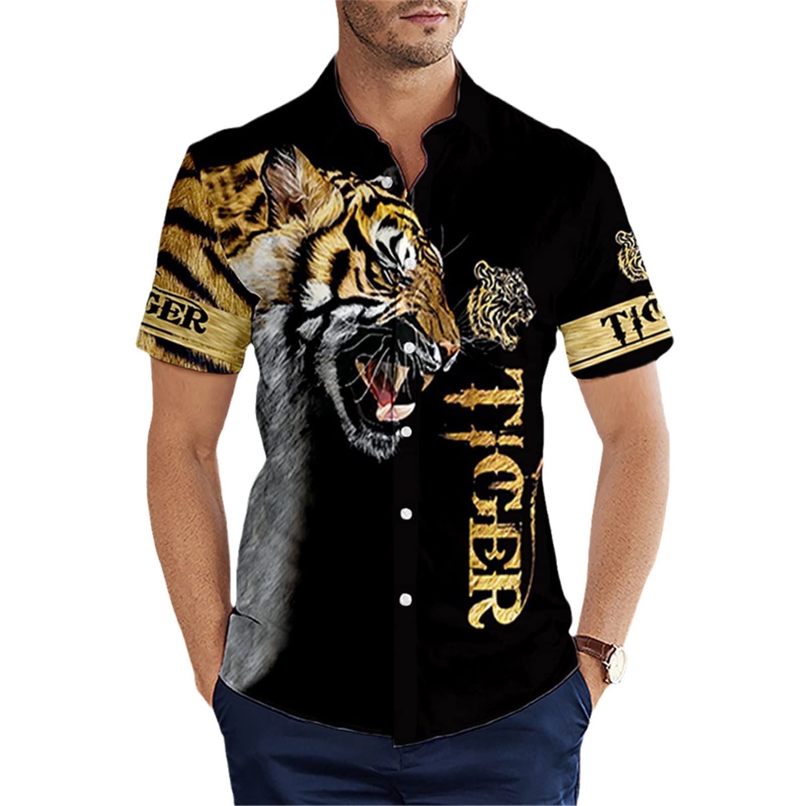 Mens Summer Animal Tiger Pattern 3D Printed Hawaiian Shirt Casual Short Sleeve Beach Shirt