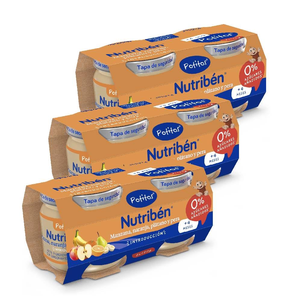 Nutribén Potitos pack Merienda Manzana Naranja Plátano Pera Sin almidones 4 meses 3 bipacks 6x120gr