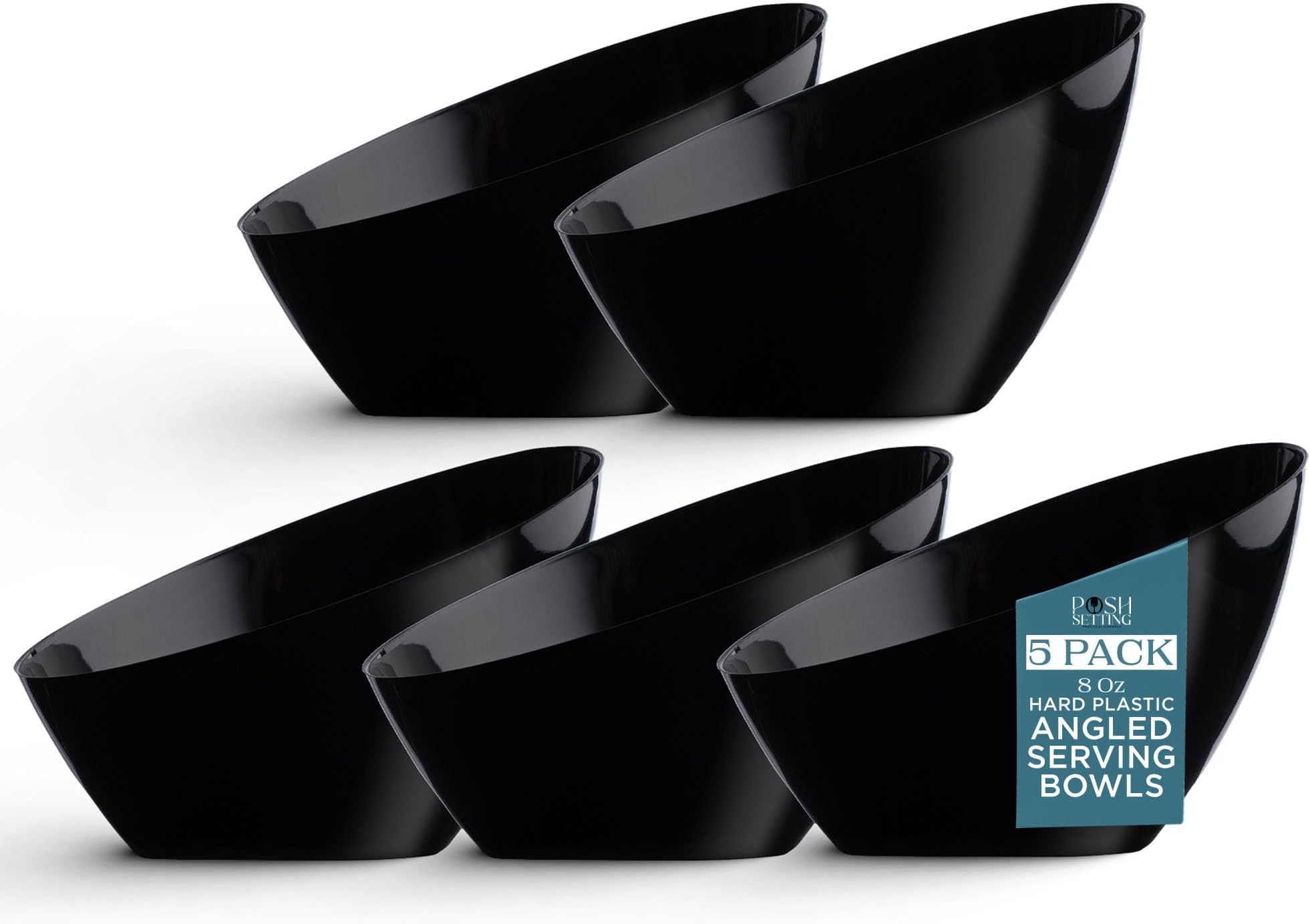 Posh Setting Black Plastic Serving Bowls Disposable - Angled Bowls - Angled Candy Bowl - Plastic Snacks & Chip Bowls for Parties - Black, Gold & Clear, White Serving Dishes, 8 OZ, 5 Pack