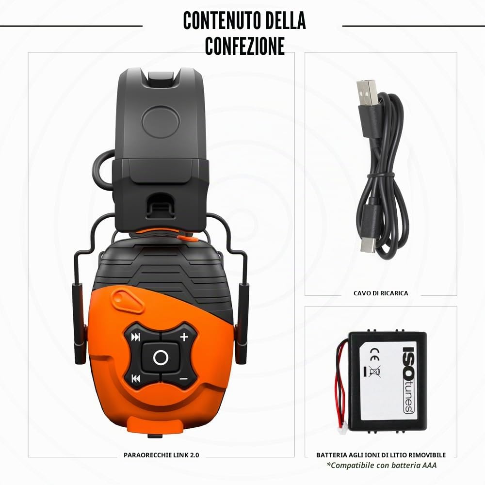 ISOtunes LINK 2.0 Cuffie Antirumore Bluetooth EN352 50 Ore 25 dB | Cuffie antirumore conformi EN352: 50 ore di batteria, 25 dB di riduzione del rumore, archetto imbottito