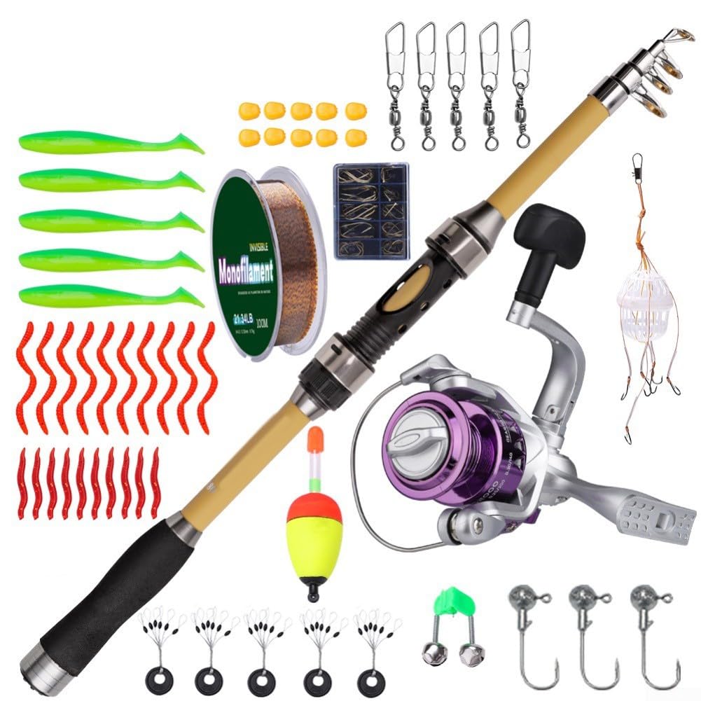 Canne à pêche télescopique et moulinet pour Combo 1,8 m 56 pièces Kit portable en fibre de verre pour débutants, bar, truite, voyage côtier