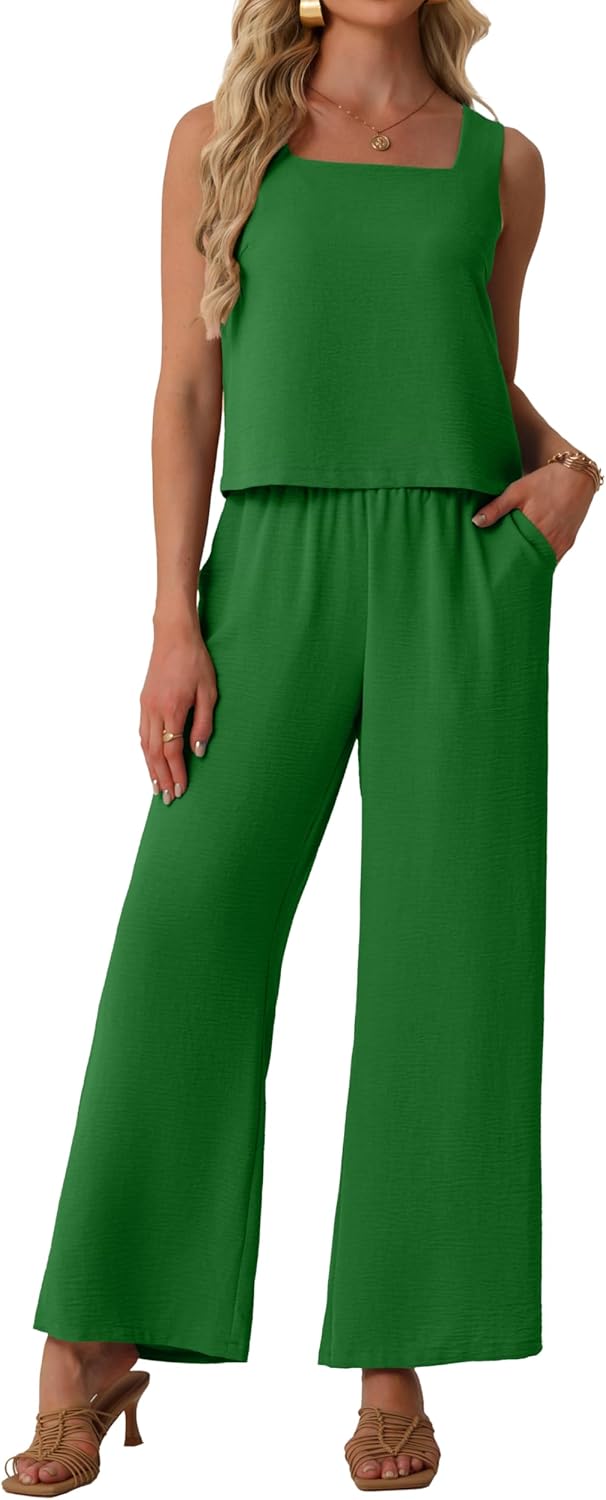Lepunuo Women Casual 2 Piece Sets Sleeveless Tank Crop Top Matching Lounge Wide Leg Pants Sets Travel Vacation Outfits Green