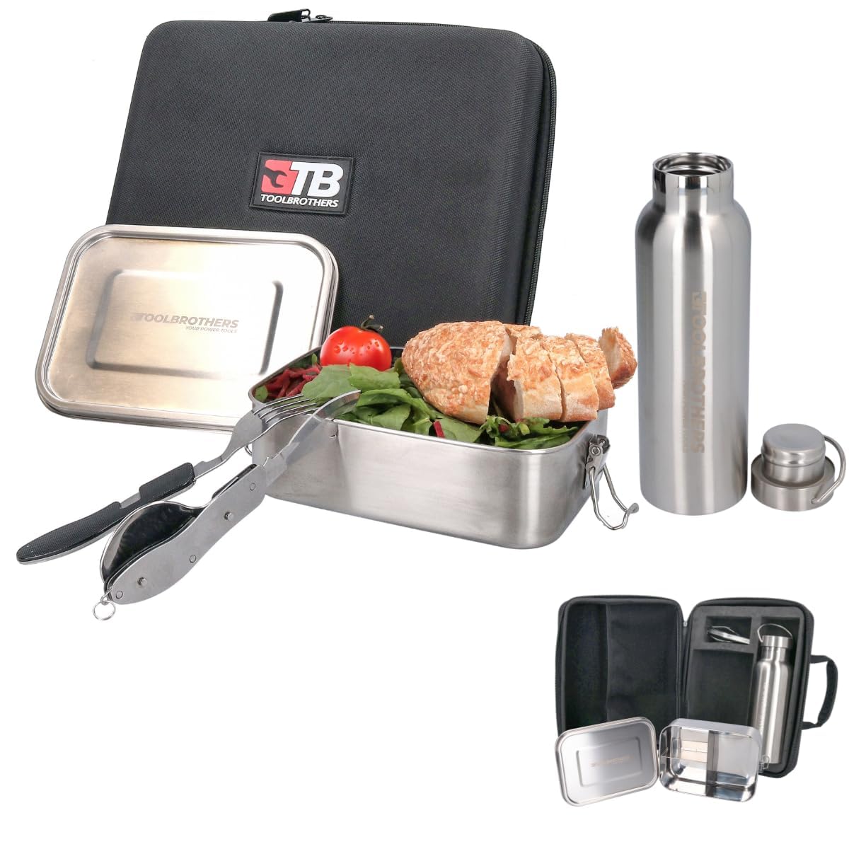 Toolbrothers Fiambrera en estuche rígido, resistente al agua, fiambrera de acero inoxidable + botella de acero inoxidable de 600 ml + cubiertos multifunción 4 en 1 (tapa de acero inoxidable de 1200