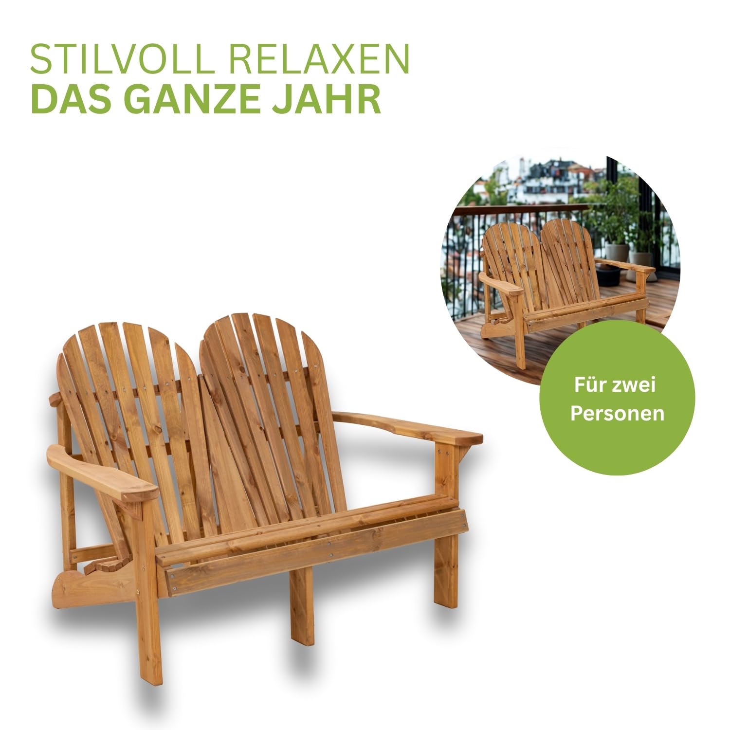 Doppel Adirondack Stuhl Holz – Massiver 2-Sitzer Gartenstuhl aus skandinavischer Kiefer, wetterfest imprägniert, belastbar bis 220 kg, ergonomische hohe Rückenlehne, einfache Montage
