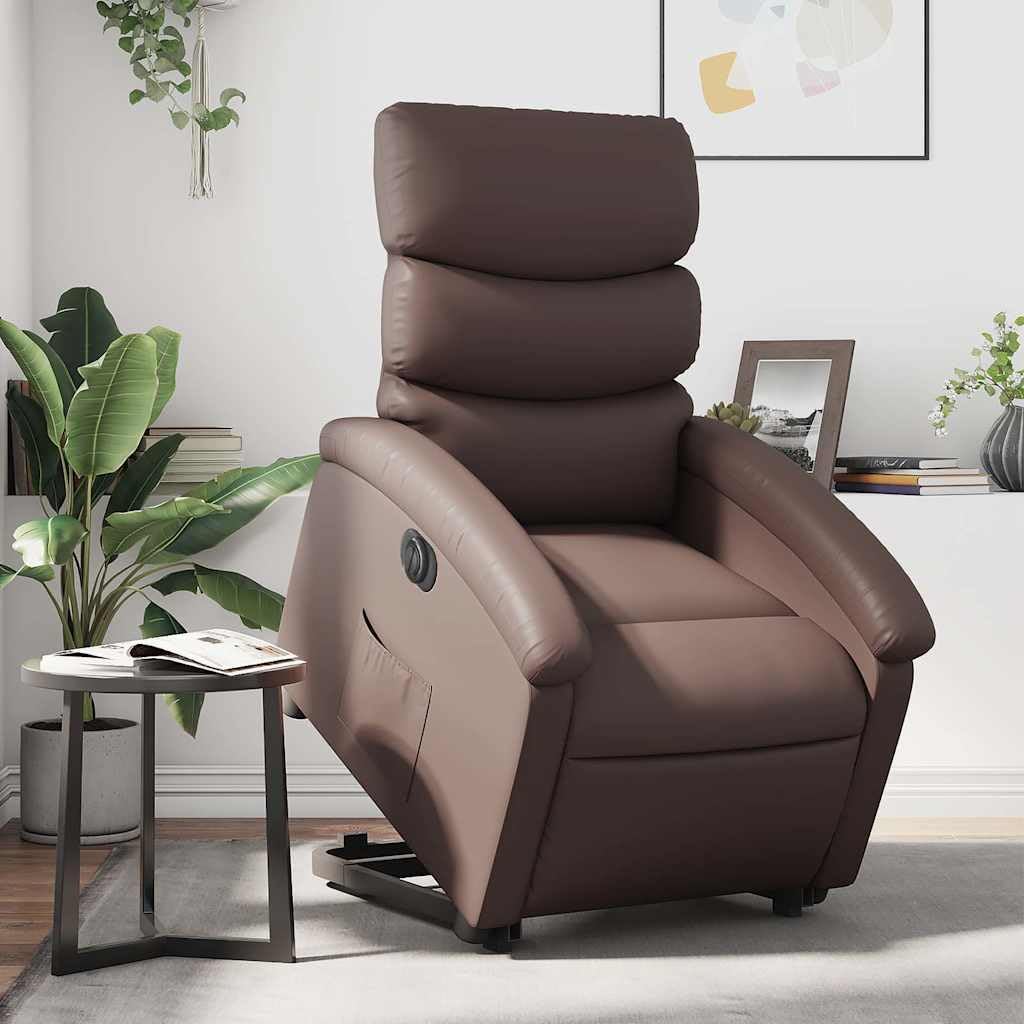 Sillón elevador reclinable eléctrico de piel sintética marrón con función de elevación e inclinación de 135 grados, estructura estable y bolsillo lateral, asiento cómodo para adultos
