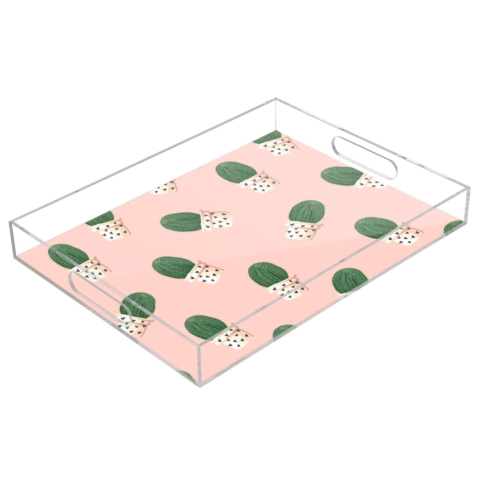 Bandeja transparente de acrílico para servir con asas, bandeja de desayuno transparente de 16 x 12 pulgadas, bandeja de desayuno de cactus y melocotón, a prueba de derrames, bandeja de acrílico