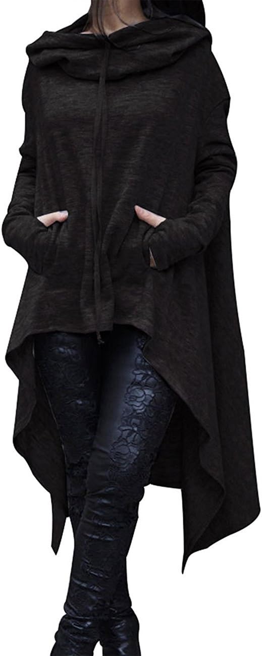Women Fashion Pullover Hoodies Drawstring Pockets Hi-lo Sweatshirts Dress Black M