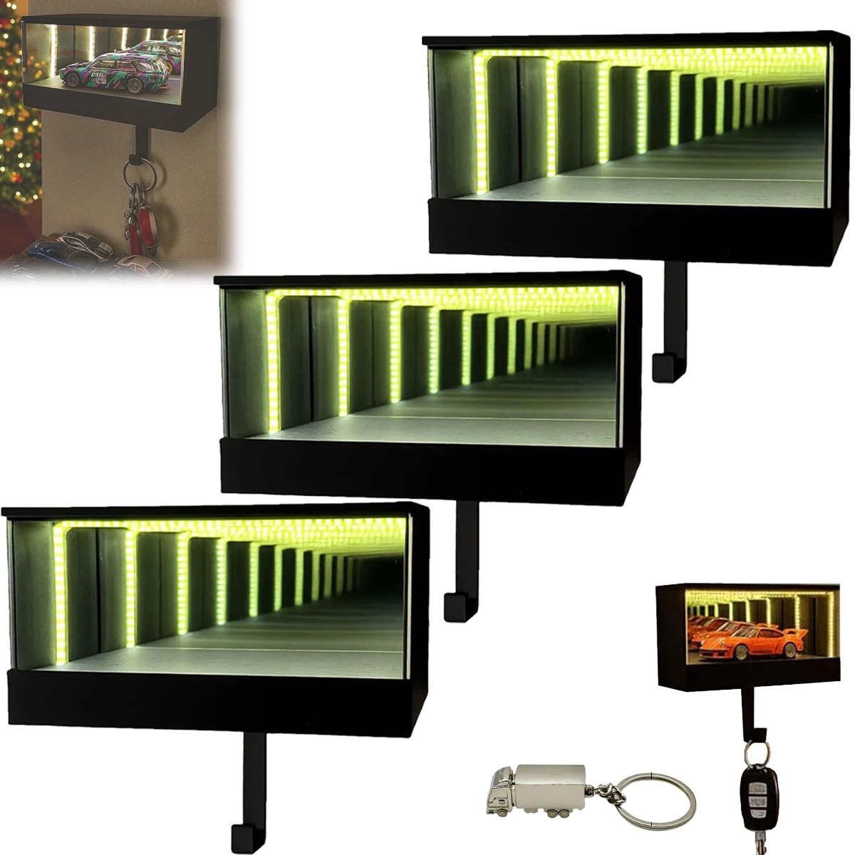 Homtrator Infinity Garage Keychain Hanger, Keypit Garage Key Holder, Race Car Key Holder Wall Mount with LED, Car Keys Display, Tiny Glowing Garages, Effortless Wall Mount Organizer for Entryway
