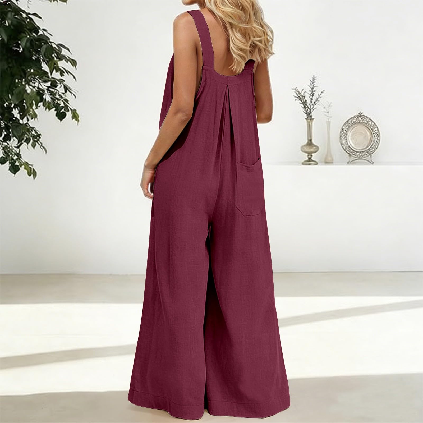 Tuta estiva da donna, in cotone, senza maniche, a gamba larga | Tuta casual in tinta unita, taglie forti, pantaloni da lavoro, traspirante, comoda tuta intera in mussola