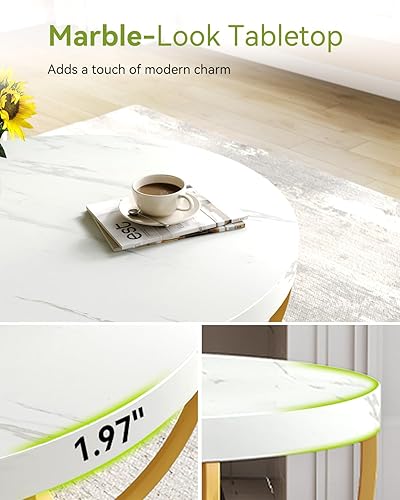 Miniatura 6 de LITTLE TREE Round Coffee Table, 32" Circle Faux Marble Coffee Tables for Living Room, 2-Tier Golden Metal Legs Accent Center Table with Open Storage