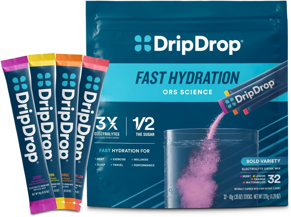 DripDrop Hydration Packets - Bold Variety Pack - Single Serve Electrolytes Powder Drink Mix - Watermelon, Berry, Lemon, Orange - Non-GMO, Gluten Free, Vegan - 32 Sticks