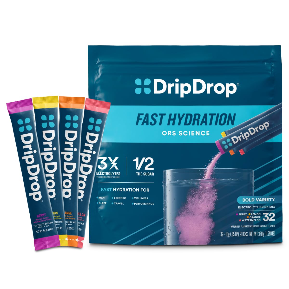 DripDropHydration Packets - Bold Variety Pack - Single Serve Electrolytes Powder Drink Mix - Watermelon, Berry, Lemon, Orange - Non-GMO, Gluten Free, Vegan - 32 Sticks