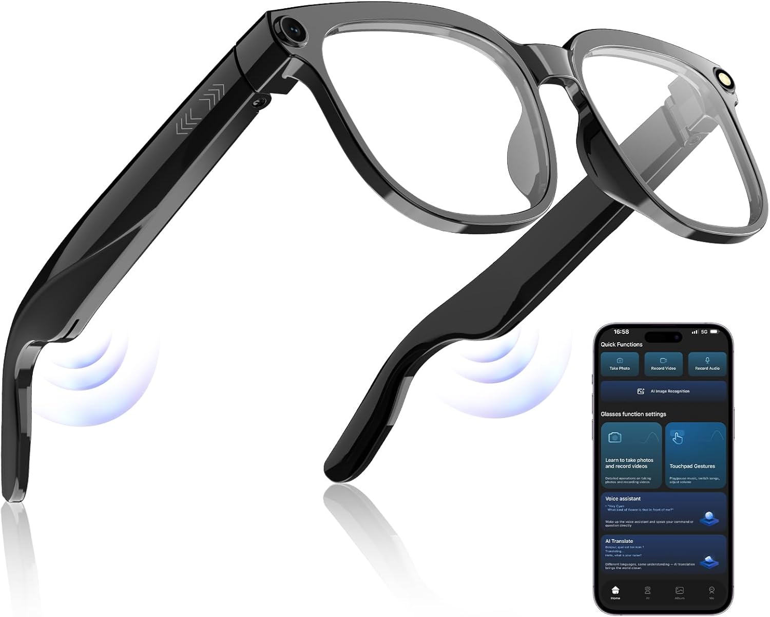AI Smart Glasses with Camera,8MP HD Bluetooth Camera Glasses with ENC Noise Reduction,Replaceable Lenses,Voice Control,Music Playback,for Travel,Outdoor&Business