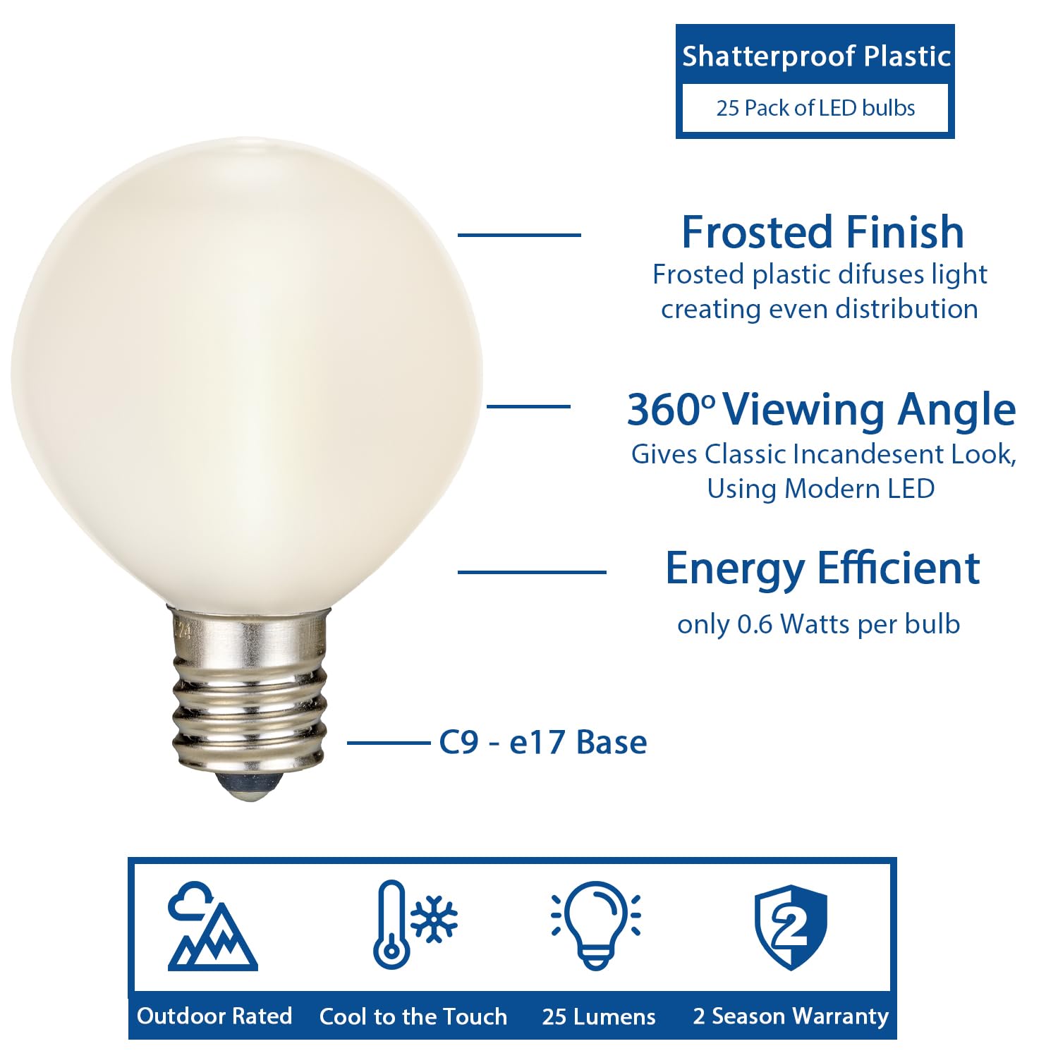 Novelty Lights 25er Pack G50 LED Kunststoff Filament Outdoor Patio Globe Ersatzbirnen, Frosted Warmweiß, E17/C9 Sockel. 06 Watt..