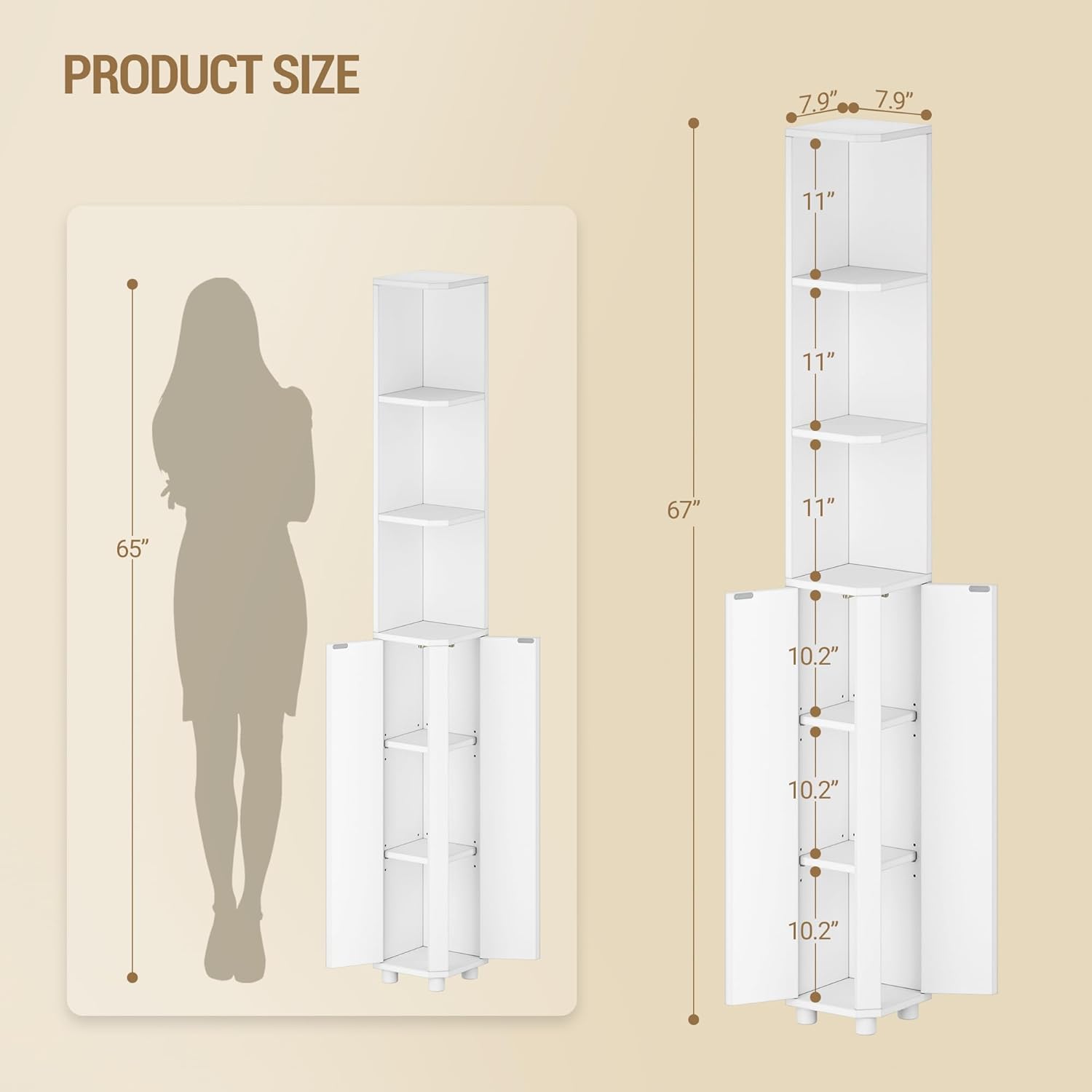 Corner Cabinet, Tall Bathroom Corner Cabinet with Doors, Narrow Storage Cabinets with Adjustable Shelves, Bathroom Organizers and Storage for Small Space, White BC30003X