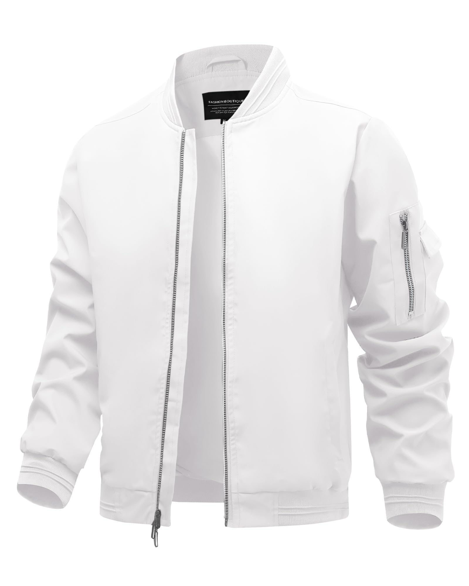 Photo 1 of Polu Men's Bomber Jackets with Pockets Lightweight Windbreaker Jackets 2-Way Zipper Casual Business Fall Winter Coat(White,L)