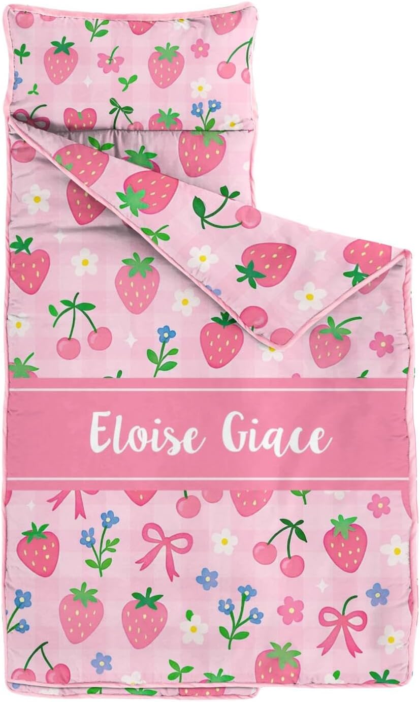 Personalized Strawberry Toddler Nap Mat for Girls – Custom Name Sleeping Bag with Pillow & Blanket – Soft & Portable Kids Sleep Mat for Daycare, Preschool, Kindergarten, Travel, Sleepovers