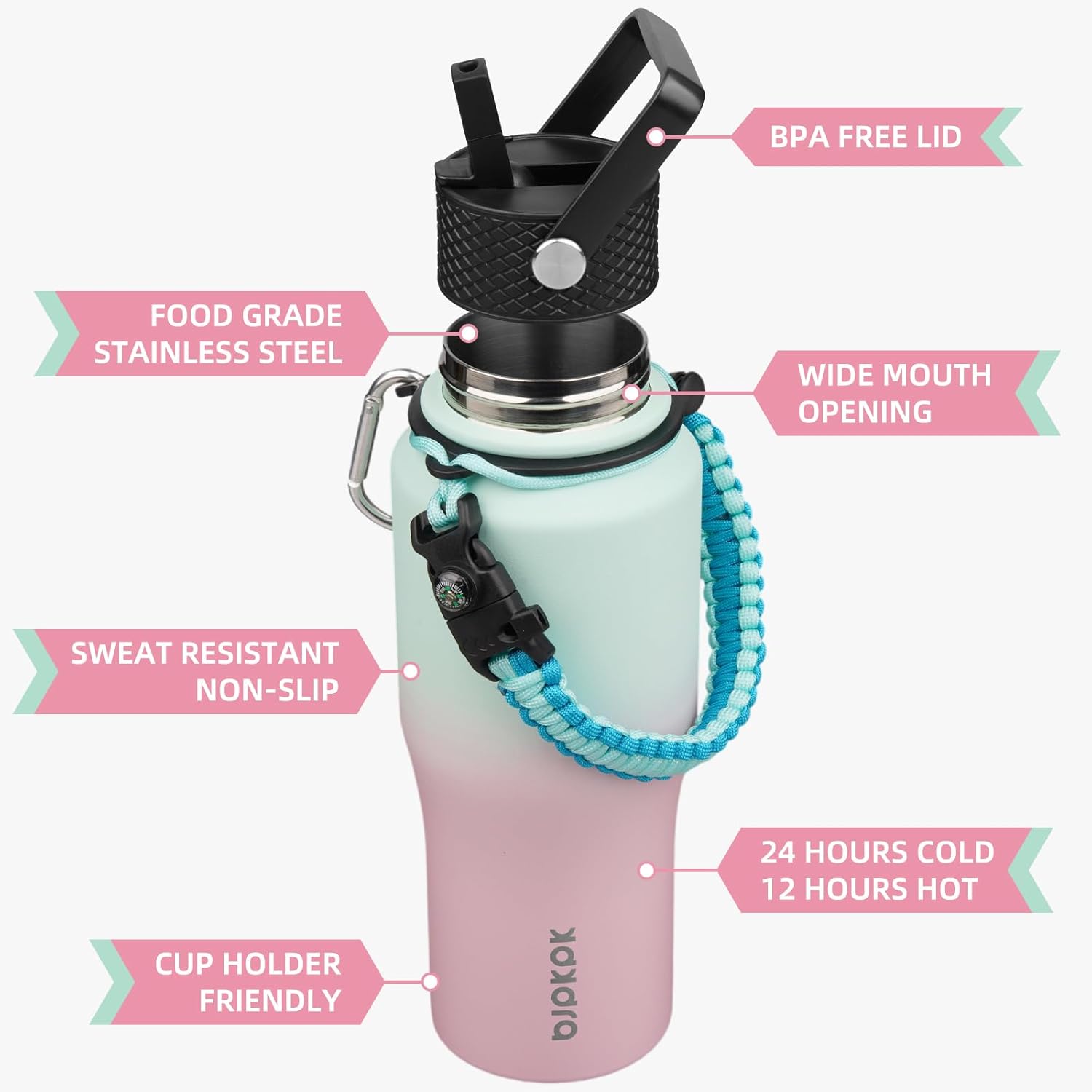 BJPKPK Insulated Water Bottles with Straw Lid, 23oz Metal Water Bottle with 2 lids & Paracord Strap, Double Wall Stainless Steel Vacuum Tumblers, Cups, Mugs, Thermo for Hot& Cold Drinks, Marshmallow - Image 2