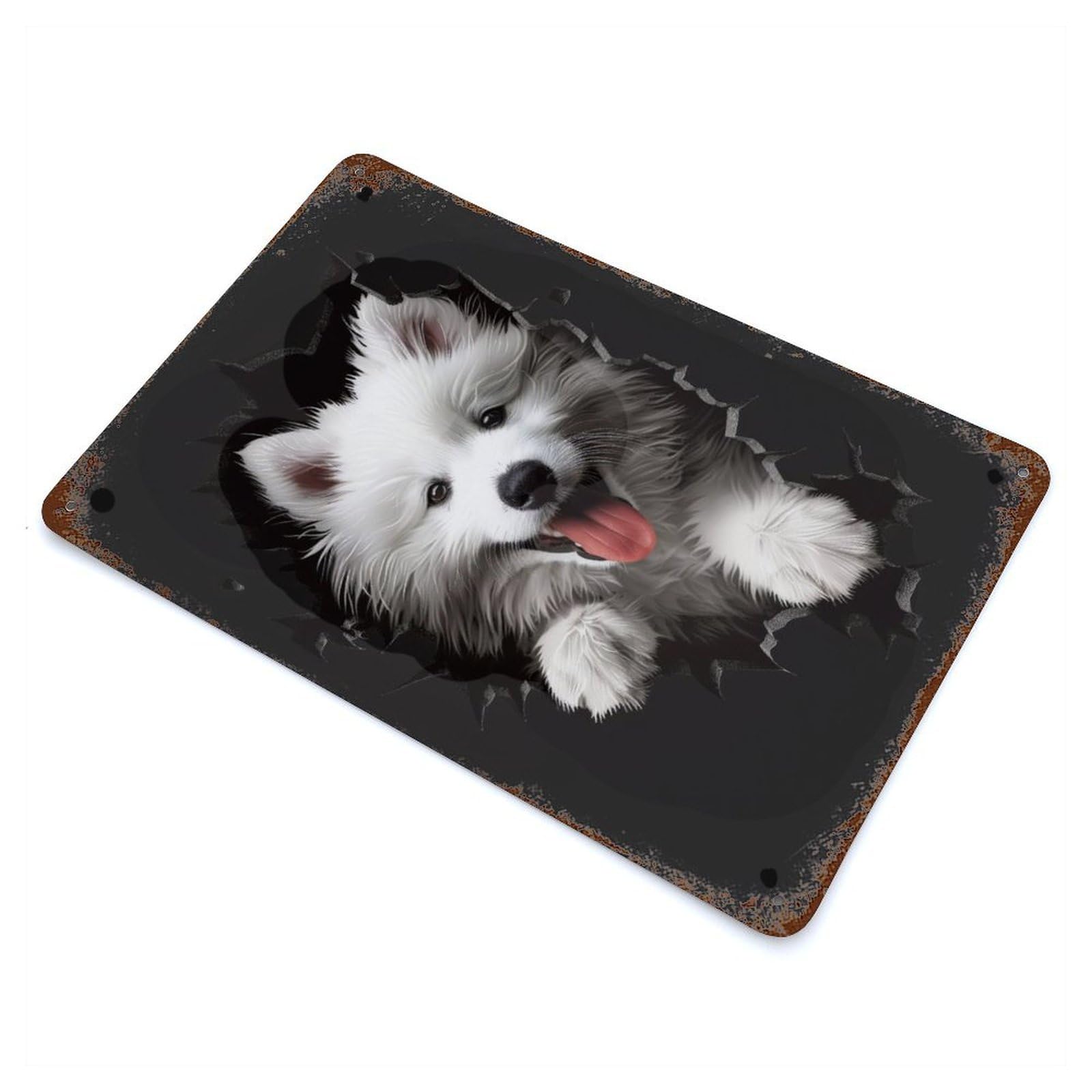 Weathered Tin Sign with Samoyed Design 11.8"x7.9", for Garage, Bar And Workshop Decor, Decorative Metal Wall Art