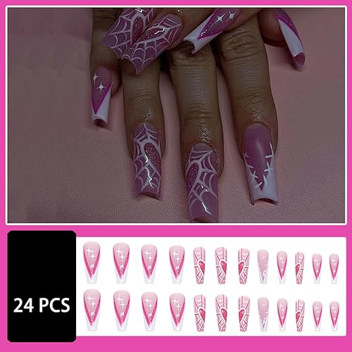 Miniatura 5 de Uñas postizas largas a presión para Halloween, diseño de tela de araña rosa, uñas acrílicas con pegamento, puntas de uñas de cobertura completa,