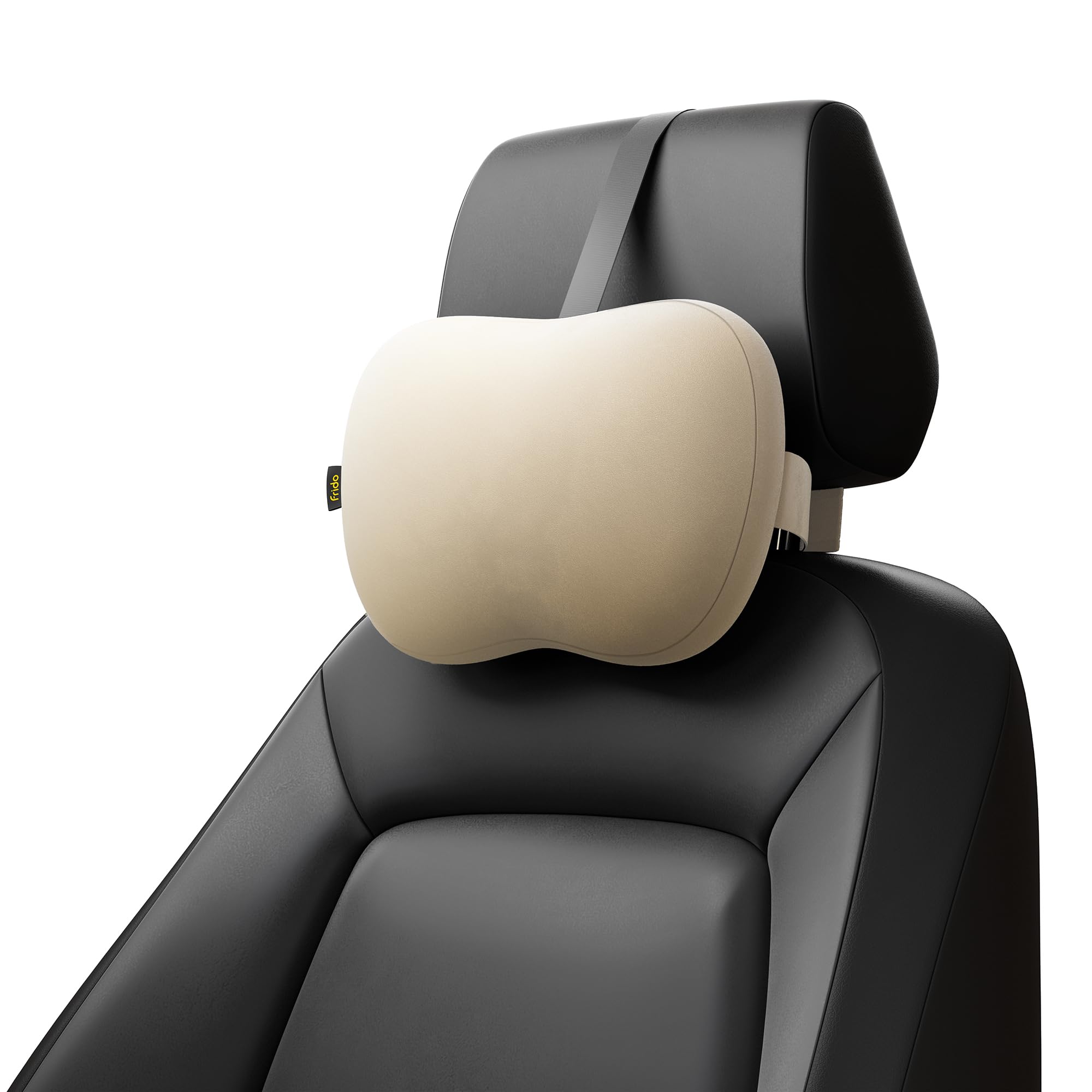 Frido Mini Car Neck Pillow | Compact Ergonomic Memory Foam | Relieves Neck & Shoulder Strain | Ultrasoft Neck Rest Pillow for Comfortable Rides | Breathable Microfiber | Washable Velvet Cover | Beige