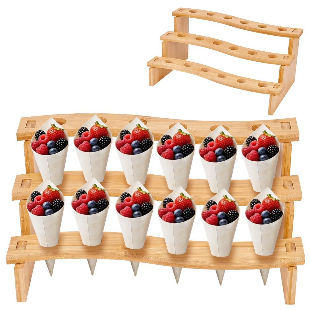 BENECREAT Supporto Porta Cono Gelato, Espositore per Alimenti Da 33x18.7x14.5cm per Eventi di Catering, Espositore A Cono In Legno Naturale con Struttura Robusta per Feste e Buffet