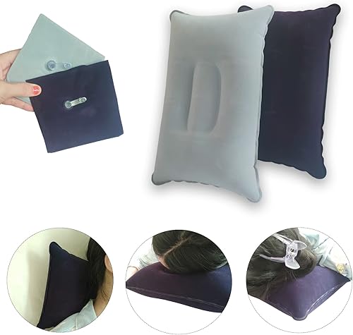 Miniatura 6 de Paquete de 2 almohadas de aire cuadradas de tela flocada gris y azul oscuro, almohada inflable ultraligera para senderismo, deportes al aire libre,