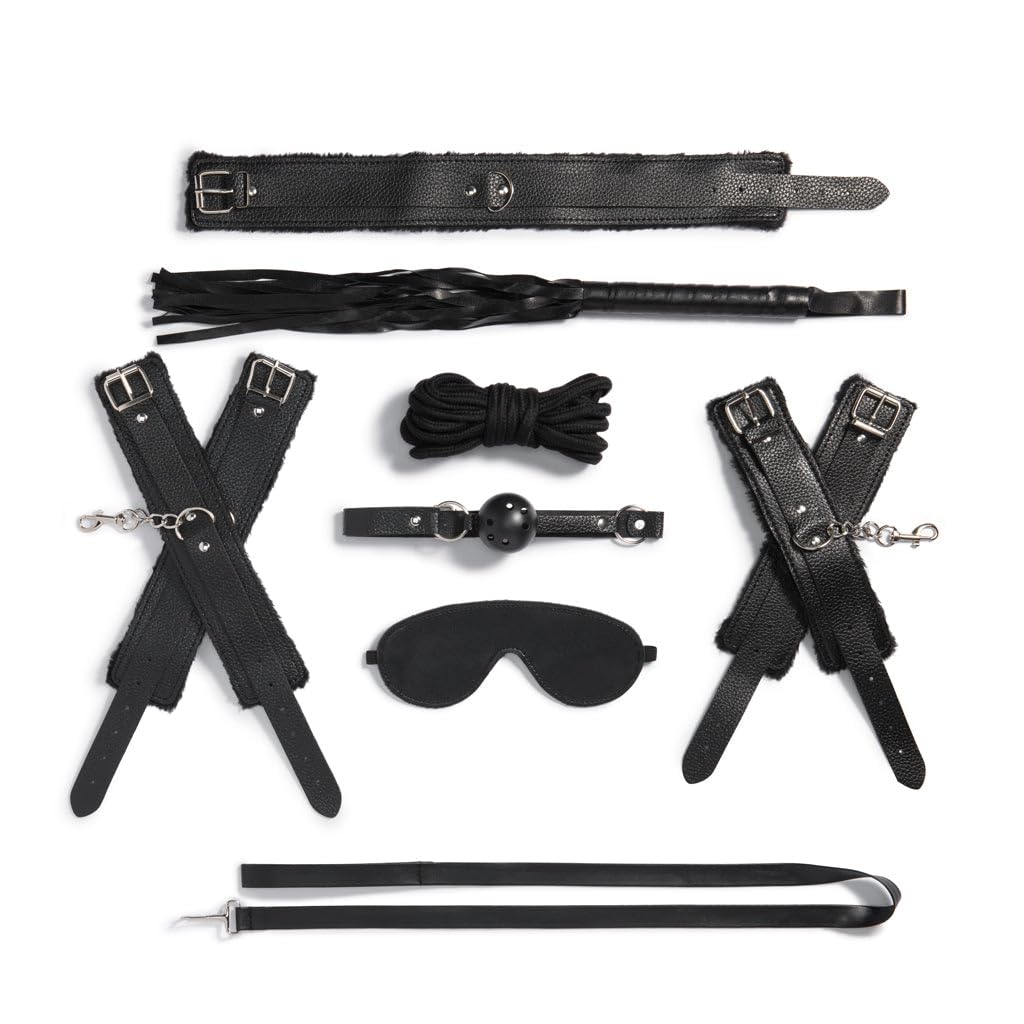 Platanomelón - Kit BDSM Antifaz, 2 Sets Esposas, Mordaza, Látigo y Cuerda de Restricción - Sao Negro